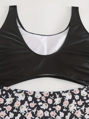  Colorblock Floral Print Lace Up Side One Piece Swimsuit