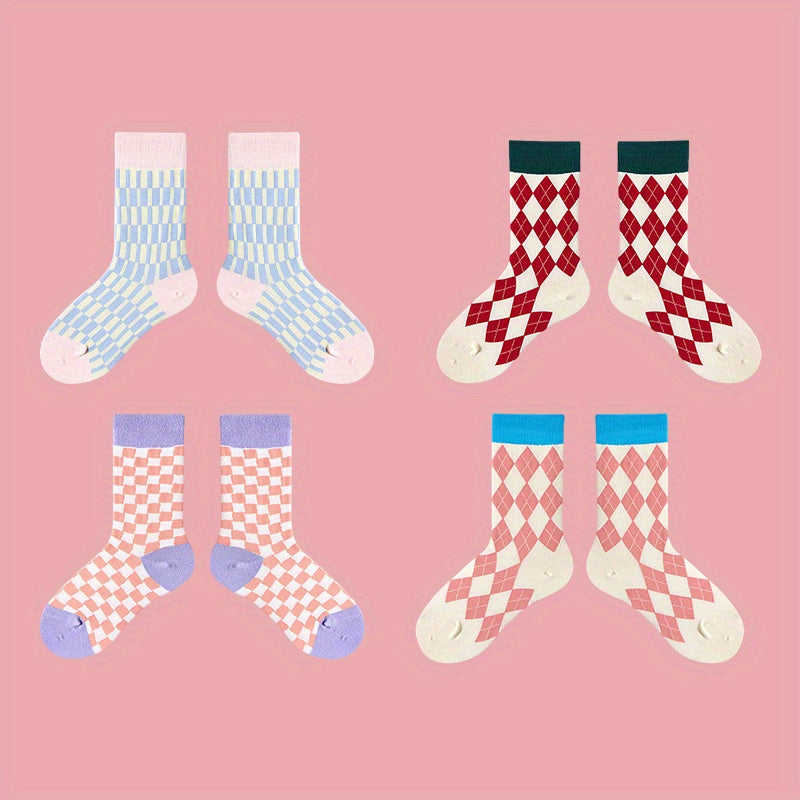 4 Pairs Plaid Colorblock Socks Soft Mid Tube Women Stockings