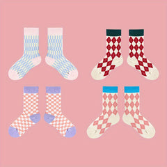 4 Pairs Plaid Colorblock Socks Soft Mid Tube Women Stockings