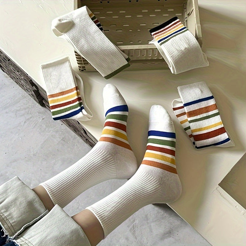 5 Pairs Rainbow Striped Socks Mid Tube Women's Stockings