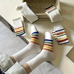 5 Pairs Rainbow Striped Socks Mid Tube Women's Stockings