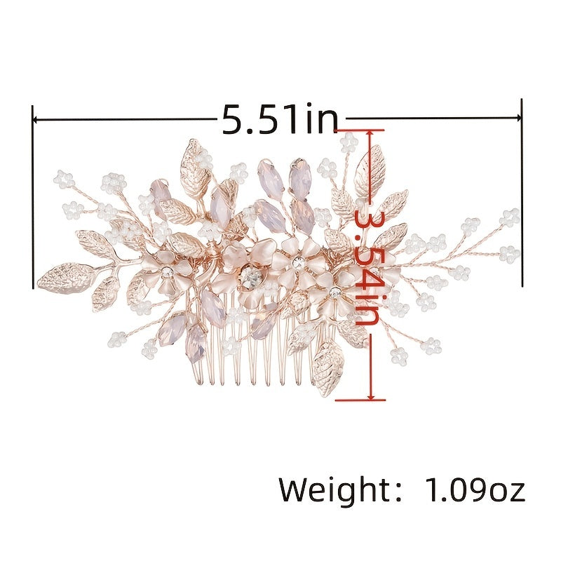 Rose Gold Hair Comb Crystal Floral Leaf Bridal Wedding Headpiece