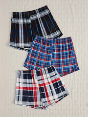 3pcs Plaid Sleep Bottoms Soft Elastic Waistband Shorts Women's Sleepwear