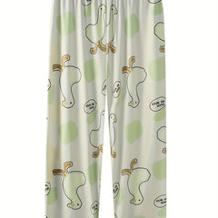  Cartoon Duck Print Pajama Bottoms Elastic Waist Loungewear Pants