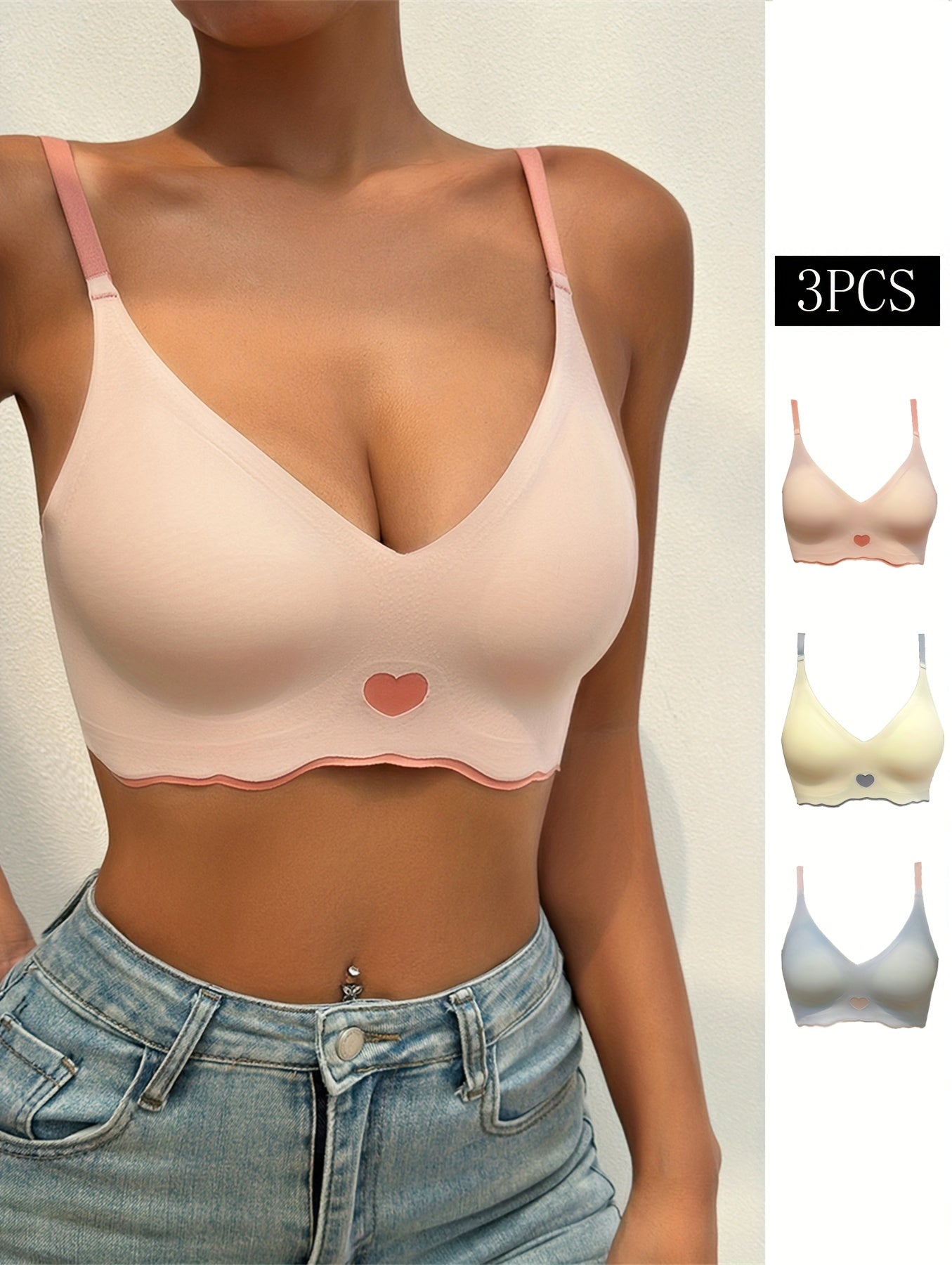 3pcs Heart Print Wireless Push Up Bras Comfy & Breathable Women's Lingerie