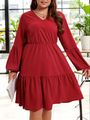 Plus Size Lace Sleeve Smock Dress V Neck