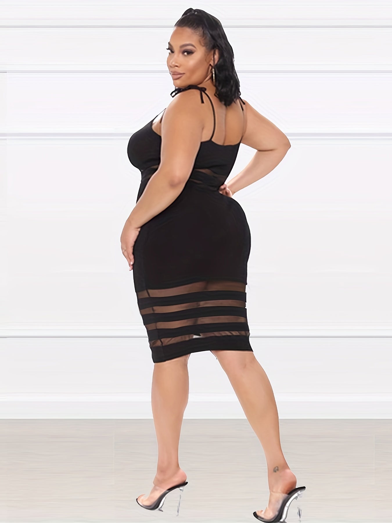  Sexy Bodycon Dress Women's Plus Semi Sheer Contrast Mesh Cami Bodycon