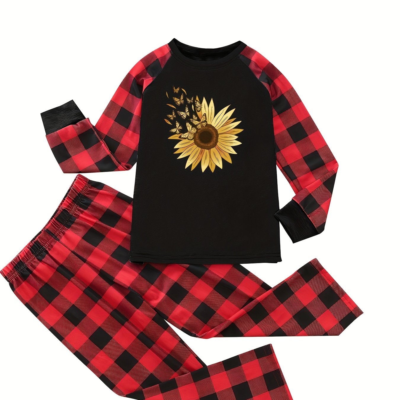  Women's Plaid & Butterfly Sunflower Print Lounge Set