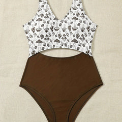  Sexy Mushroom Print V Neck Cut Out One Piece Swimsuit