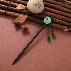 Chinese Style Faux Jade Hair Pin Wooden Hair Stick Ponytail Holder Women
