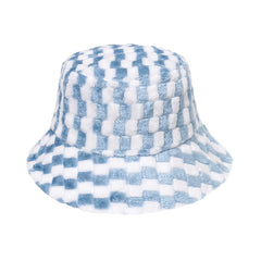 Women's Plaid Faux Fur Bucket Hat Warm Fisherman Hat for Cold Weather