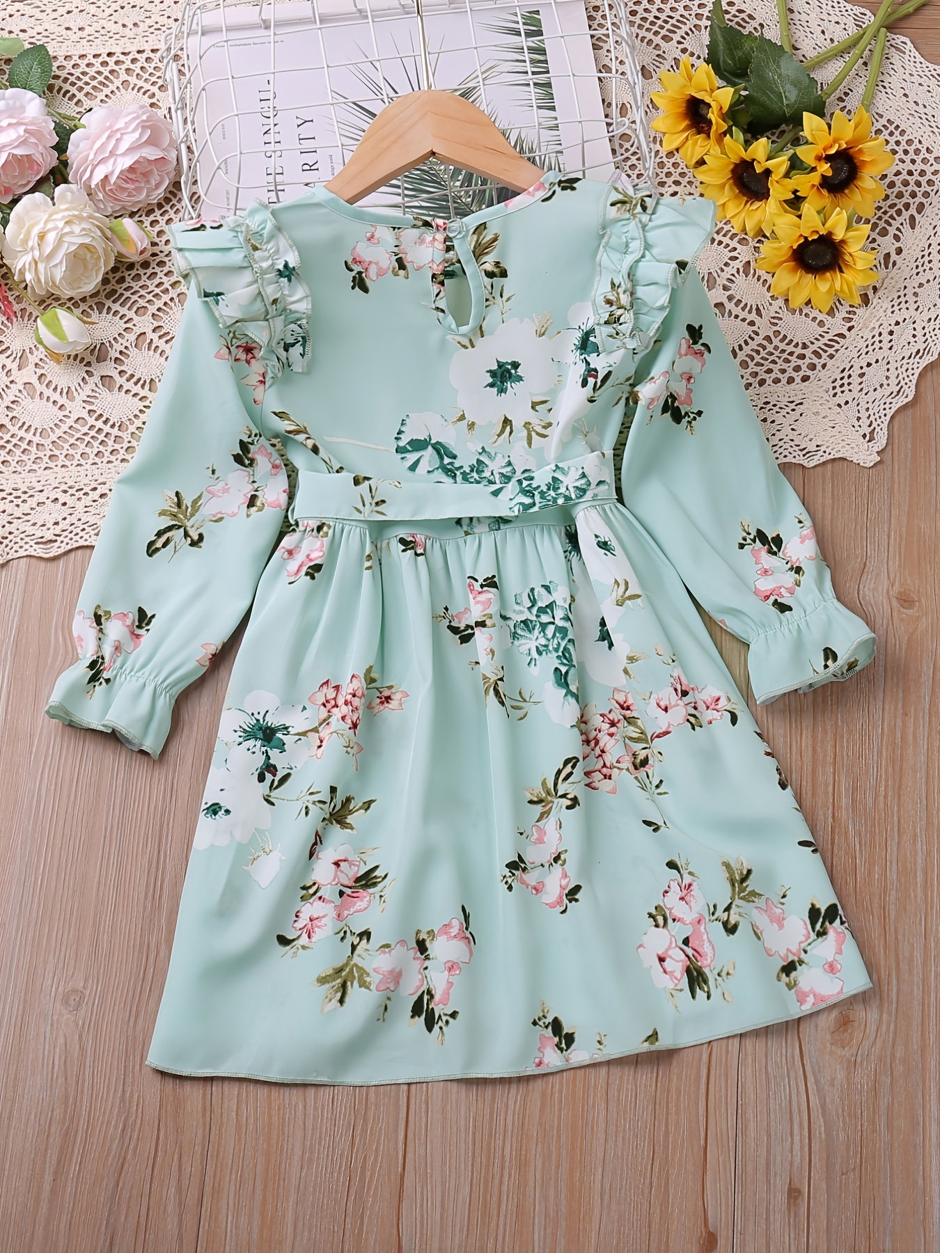 Girls Ruffle Long Sleeve Floral Print Belted Dress