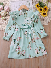 Girls Ruffle Long Sleeve Floral Print Belted Dress