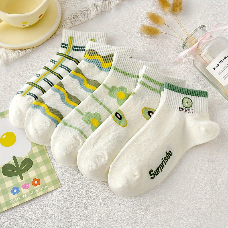 5 Pairs Floral Striped Socks Women's Stockings