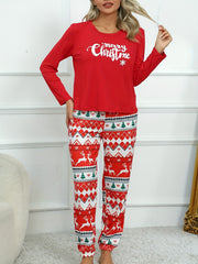  Snowflake & Deer Print Pajama Set Long Sleeve Crew Neck Top & Joggers