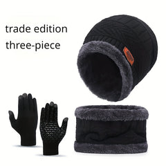 Winter Knitted Hat Scarf Gloves Set For Women Men Velvet Lining Warm Beanie