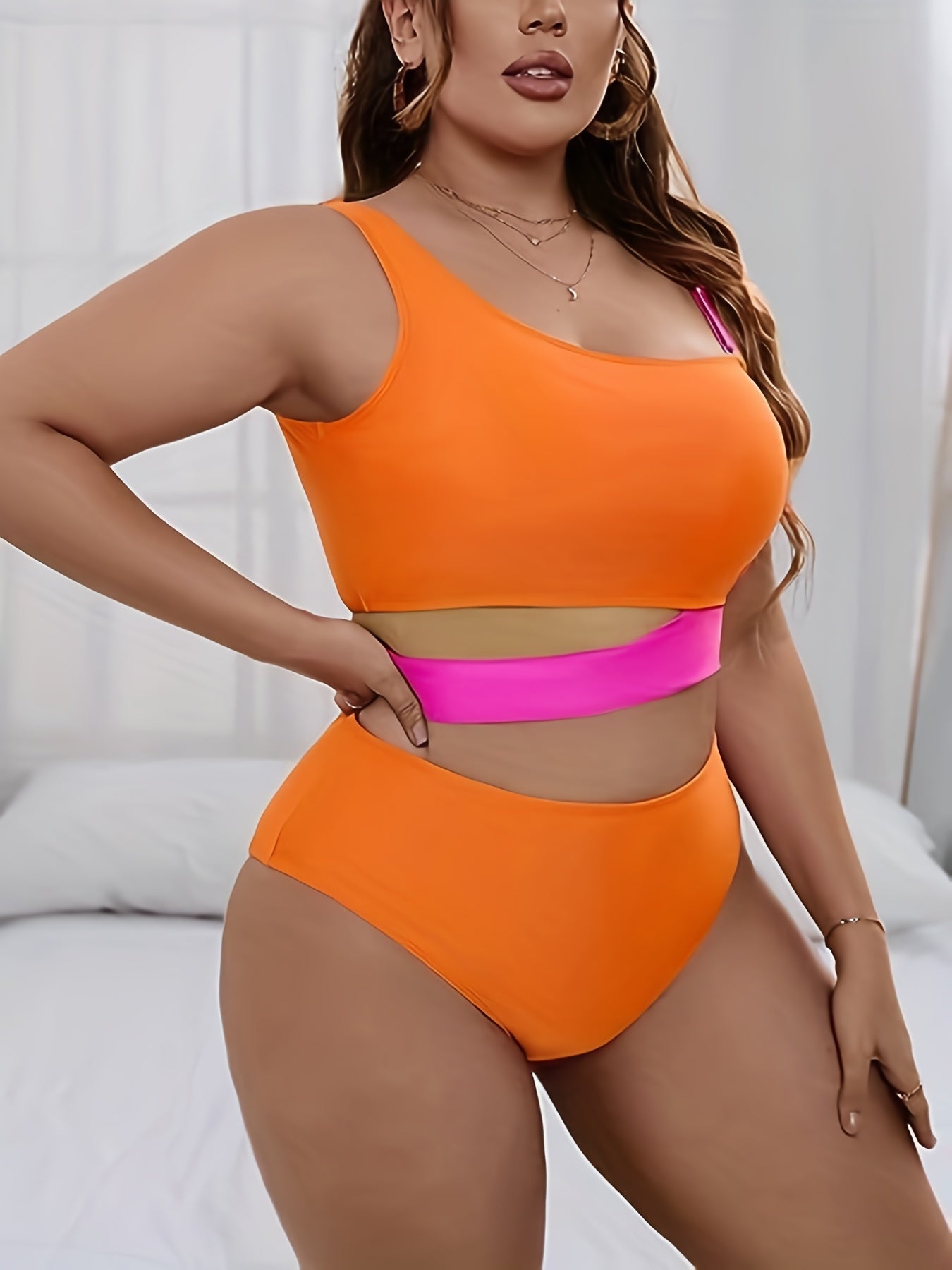  Colorblock Cut Out Bikini Set, Bra & Panty Swimsuit 2 Piece