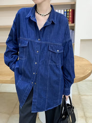  Casual Denim Top Women's Plus Solid Pipping Button Down Long Sleeve