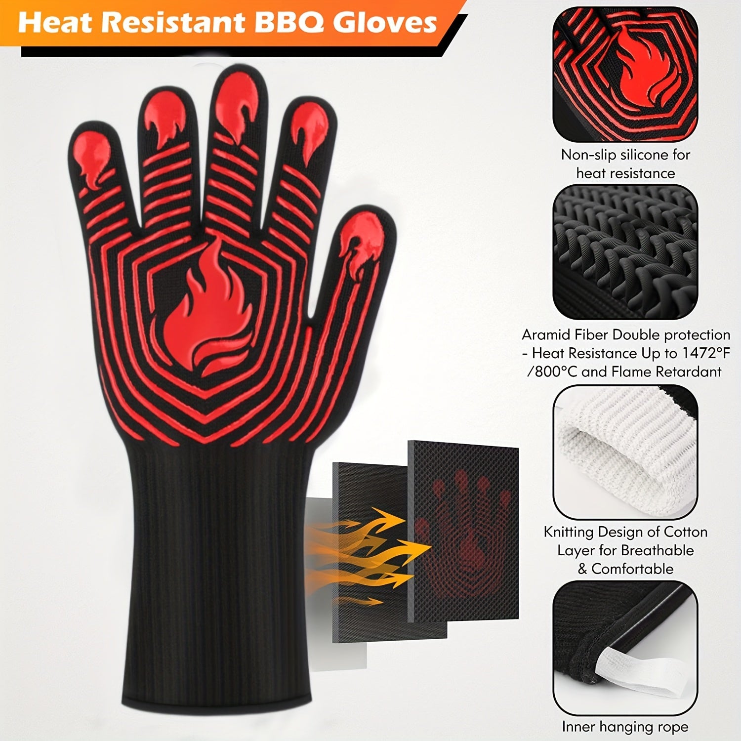 1pc Heat Resistant BBQ Gloves 1472 F Fireproof Mitts Silicone Non Slip Washable