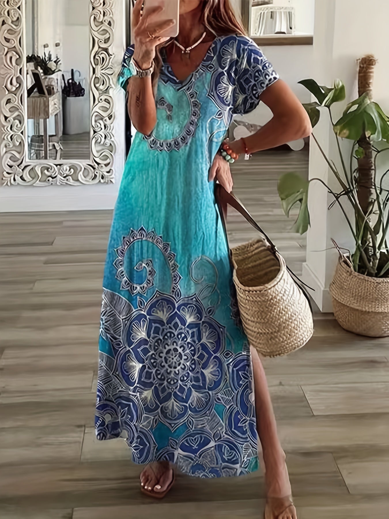 Floral Print V Neck Short Sleeve Boho Maxi Dress