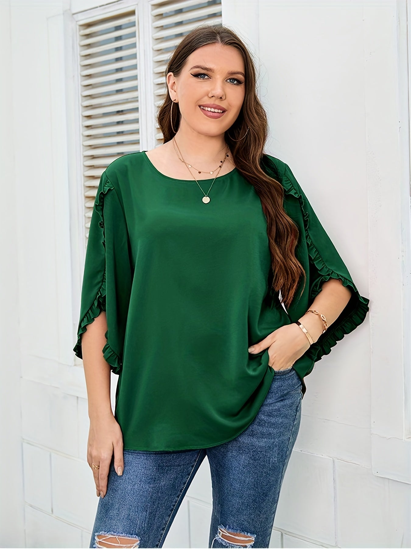  Frill Trim Solid Blouse Women's Plus Round Neck Blouse
