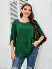  Frill Trim Solid Blouse Women's Plus Round Neck Blouse