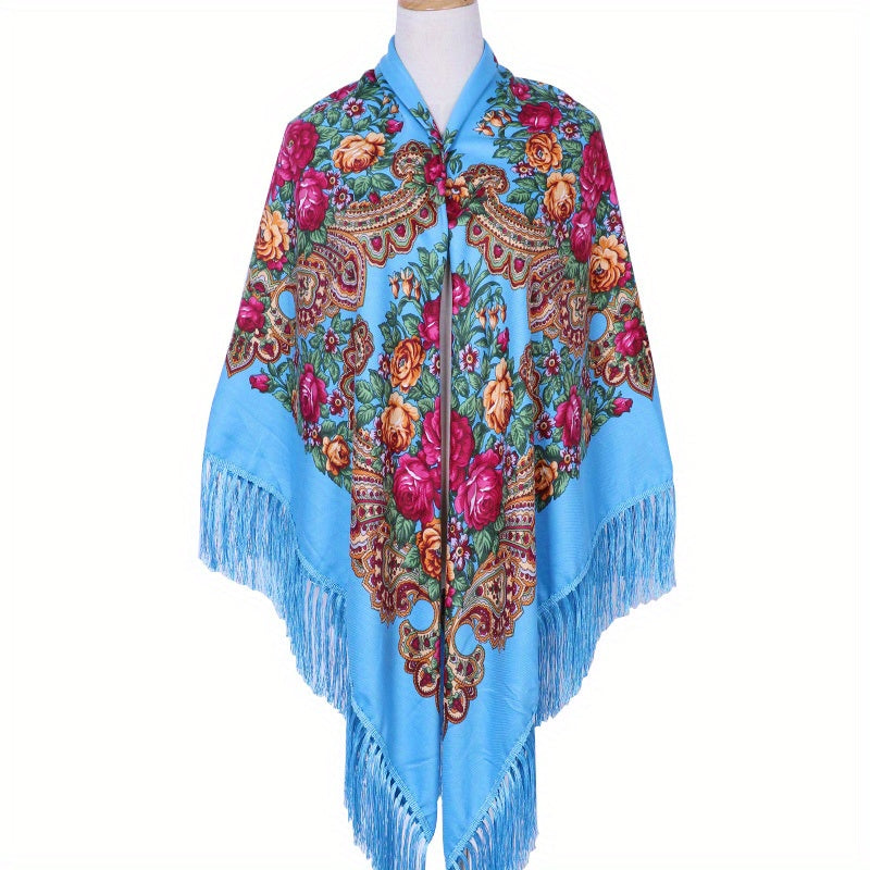 Vintage Flower Print Oversized Shawl with Tassel Wrap