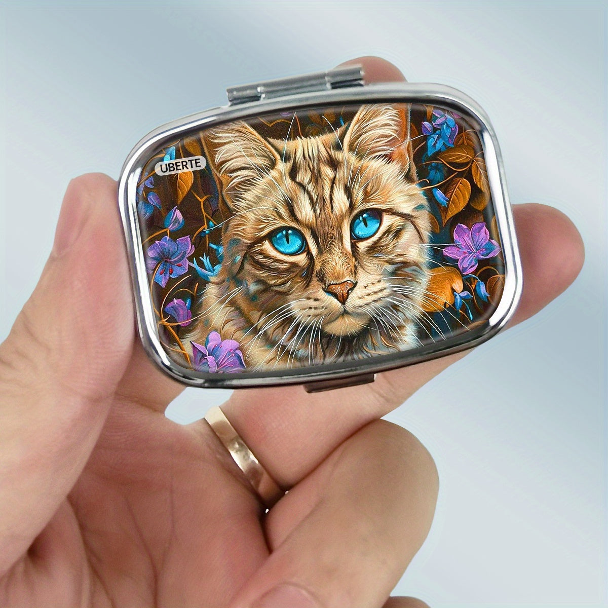 Cat Eyes Pillbox with Leaf Pattern, Unique Gift for Family
