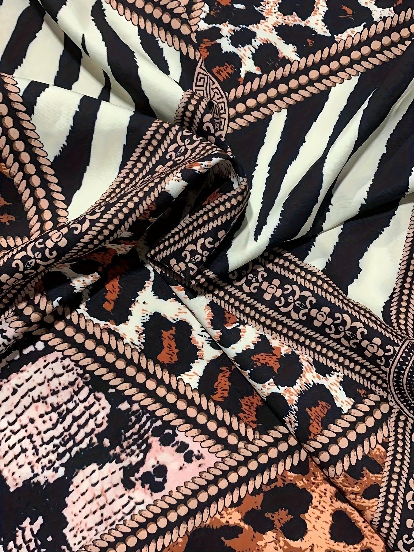  Colorblock Leopard Print Button Up Lantern Sleeve Blouse