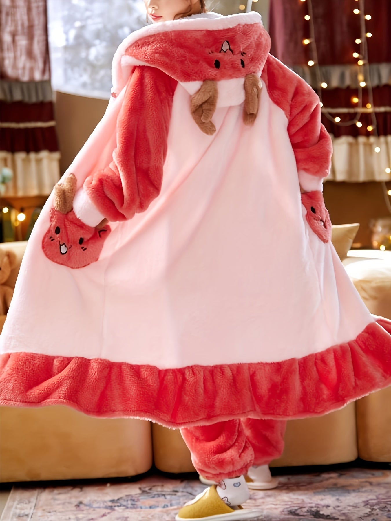  Christmas Pajamas Set Women's Plus Deer Raglan Sleeve Button Up Hooded