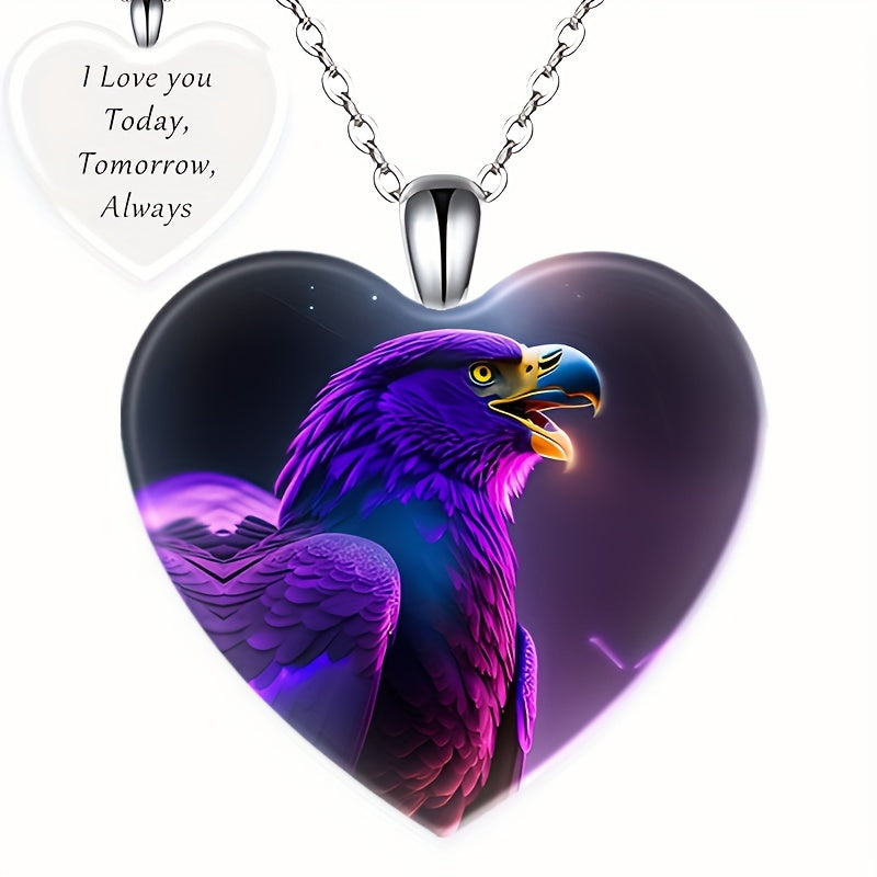 Heart Shaped Crystal Pendant Necklace With Eagle Pattern Hip Hop Gift
