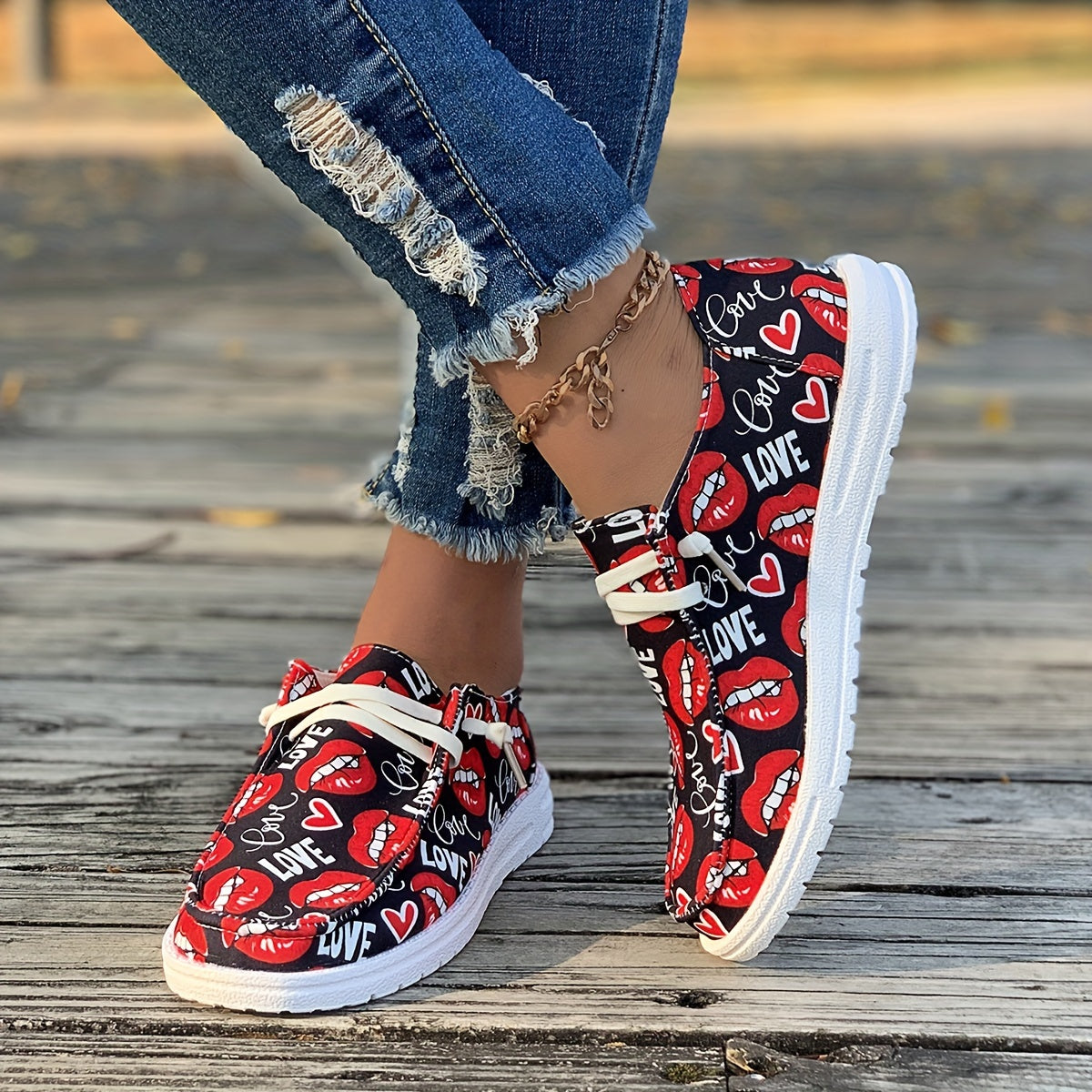Love Print Boat Shoes Lightweight Low Canvas Shoes For Women
