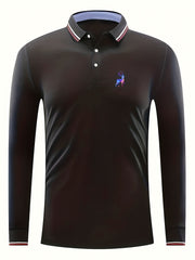 Men's Deer Print Polo Shirt Casual Stretch Button Up Long Sleeve Shirt