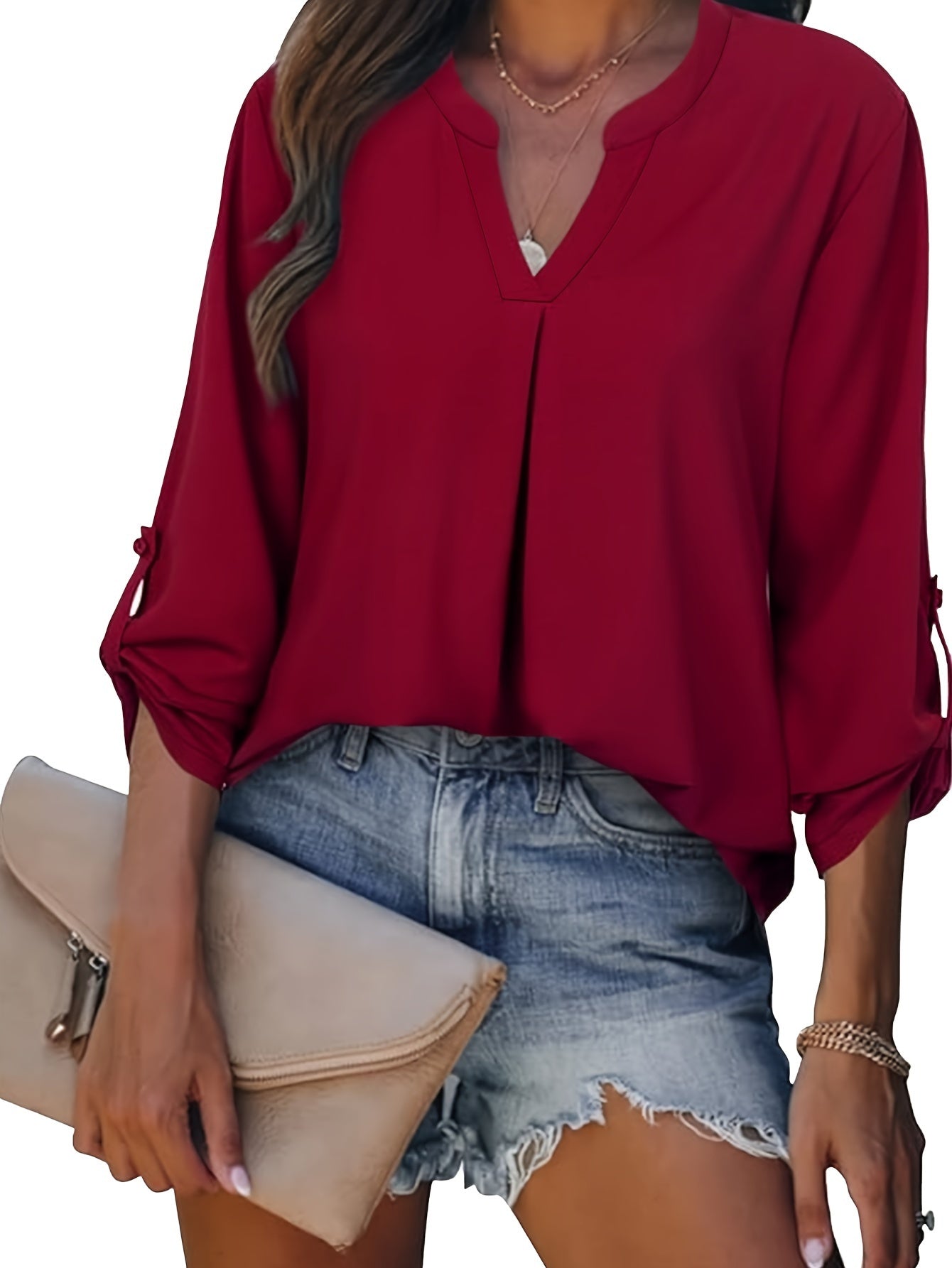  Casual Blouse Women's Solid Roll Up Long Sleeve V Neck Top