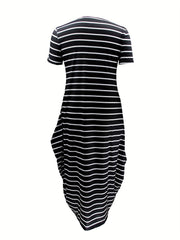  Stripe Print Short Sleeve Maxi Dress