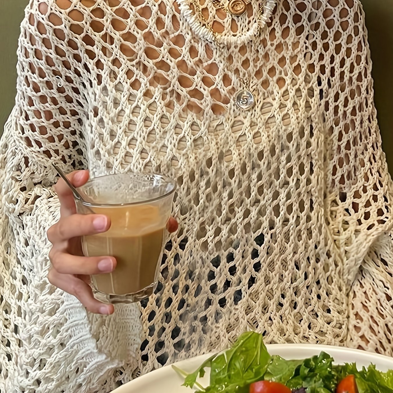 Crochet Cover Up Knitted Top Long Sleeve Sweater For Spring & Summer