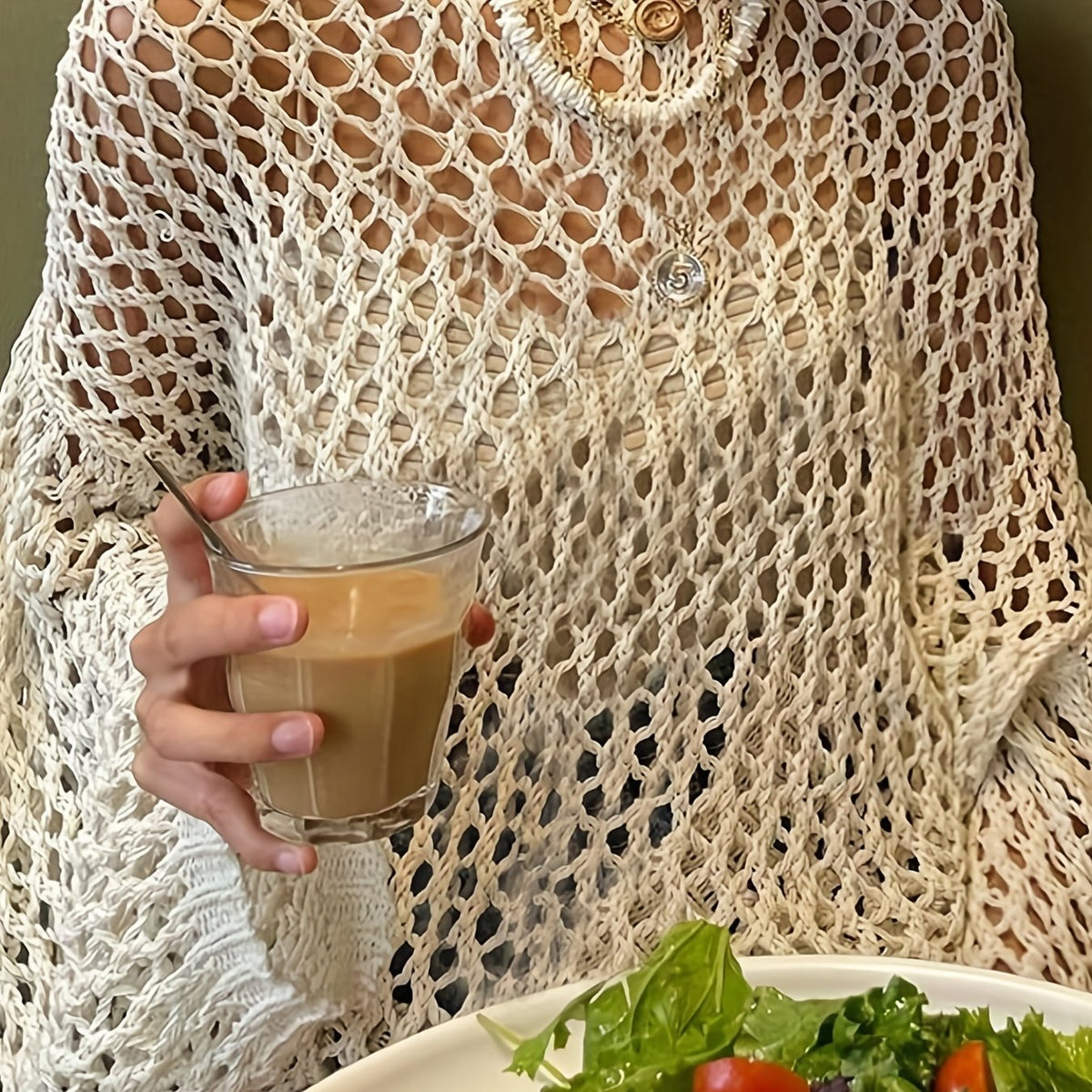 Crochet Cover Up Knitted Top Long Sleeve Sweater For Spring & Summer