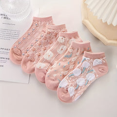 5 Pairs Flower Pattern Socks Low Cut Ankle Socks Women's Stockings
