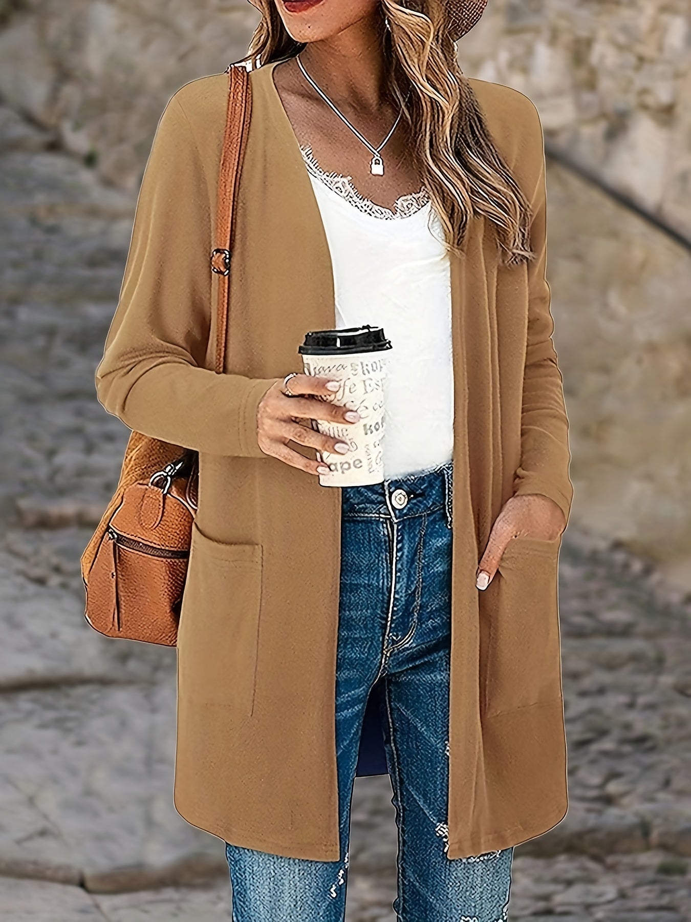  Casual Cardigan Women's Plus Solid Open Front Cardigan With Pockets