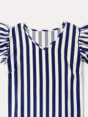 Women's Stripe Print Cap Sleeve V Neck Blouse