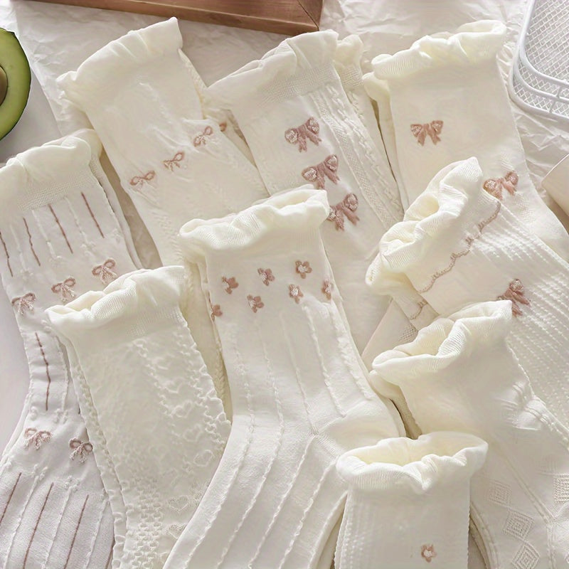 9 Pairs Floral & Bow Print Socks Women's Stockings & Hosiery