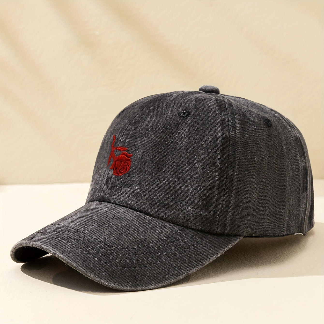 Red Rose Embroidery Baseball Cap Washed Distressed Sports Hat