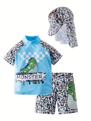 Baby Boys Cartoon Monster Swimsuit Set 3Pcs Swimming Clothing