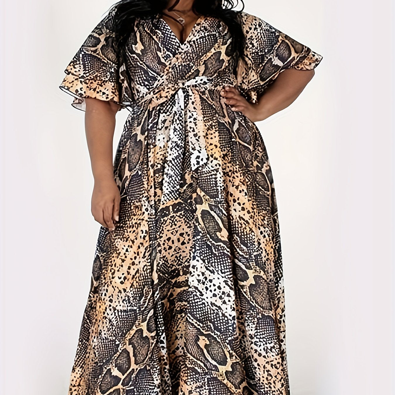  Snake Skin Print Maxi Dress With Belt