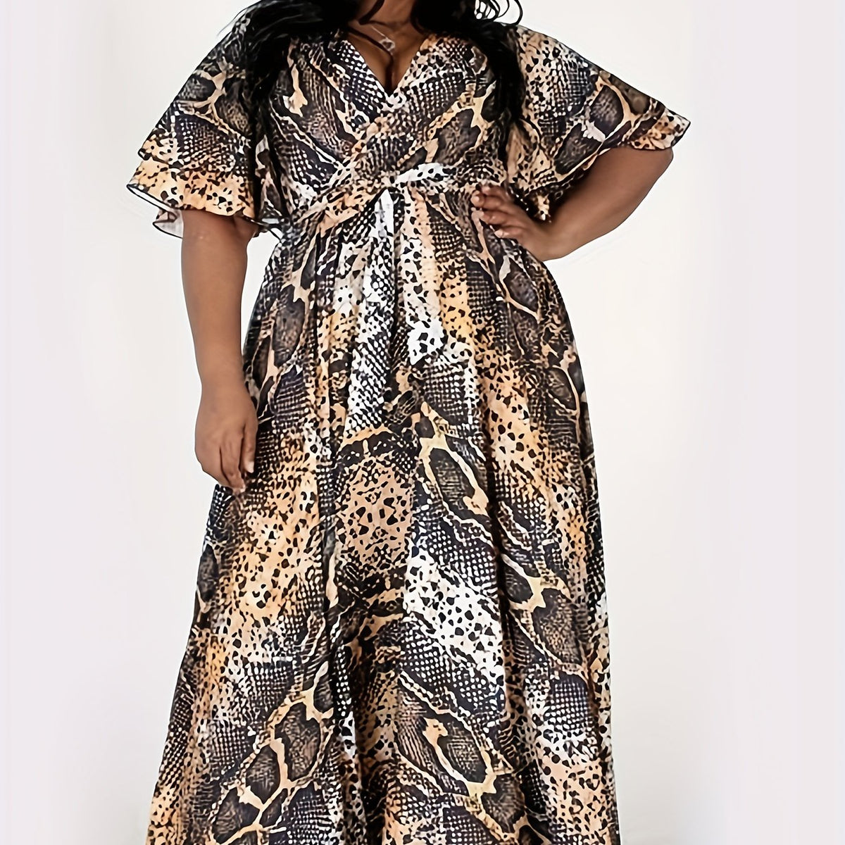  Snake Skin Print Maxi Dress With Belt