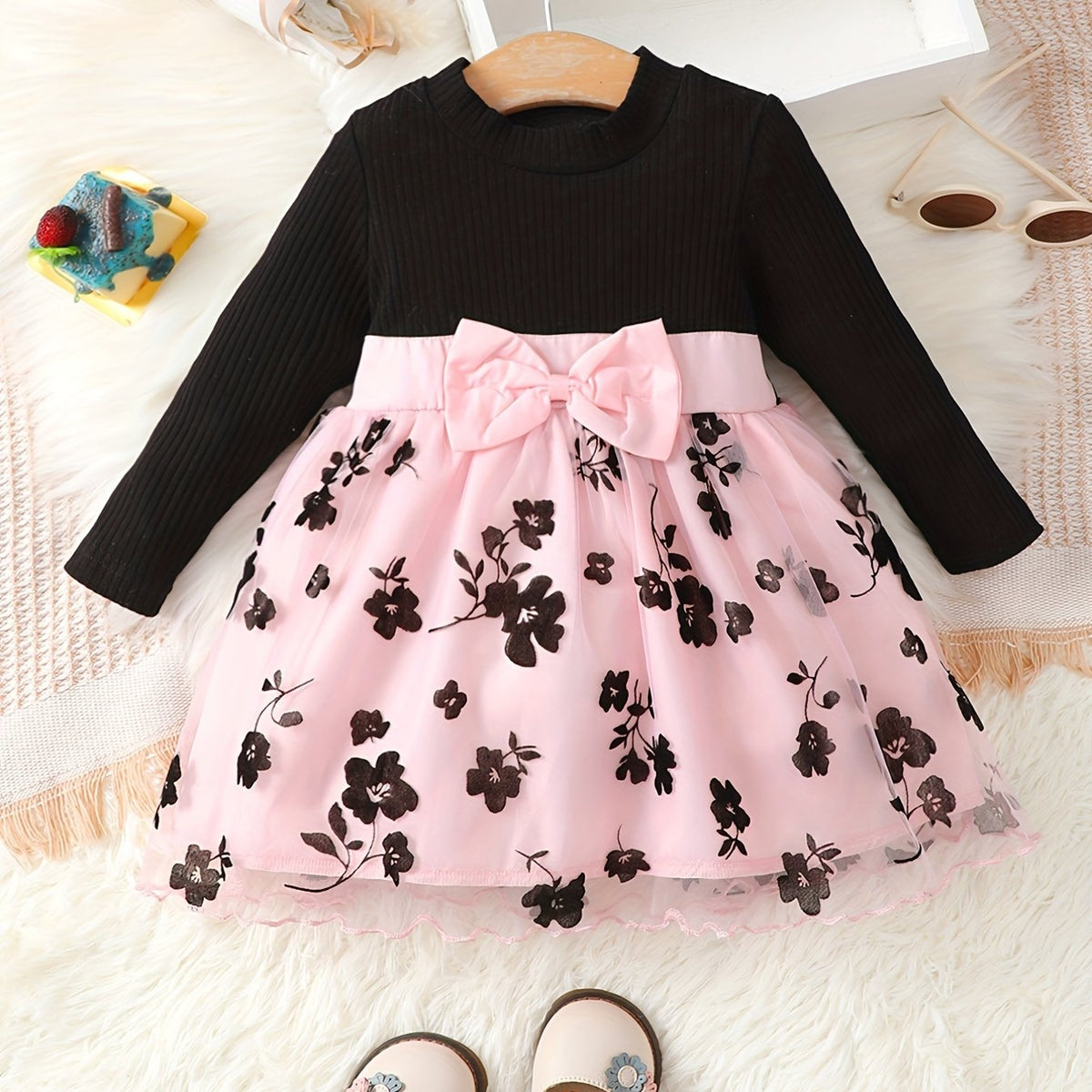 Baby Girl Flower Dress Long Sleeve Ribbed Mesh Casual Dresses
