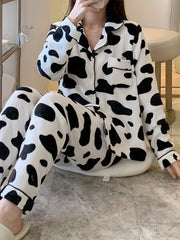 Cow Print Pajama Set Long Sleeve Top & Pants Women's Sleepwear