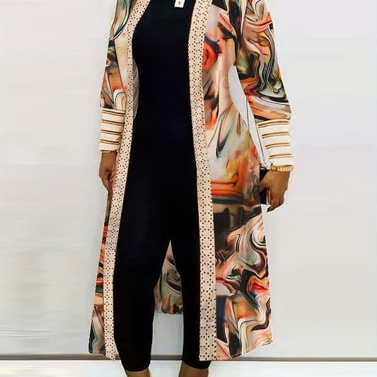  Colorblock Marble Print Open Front Cardigan