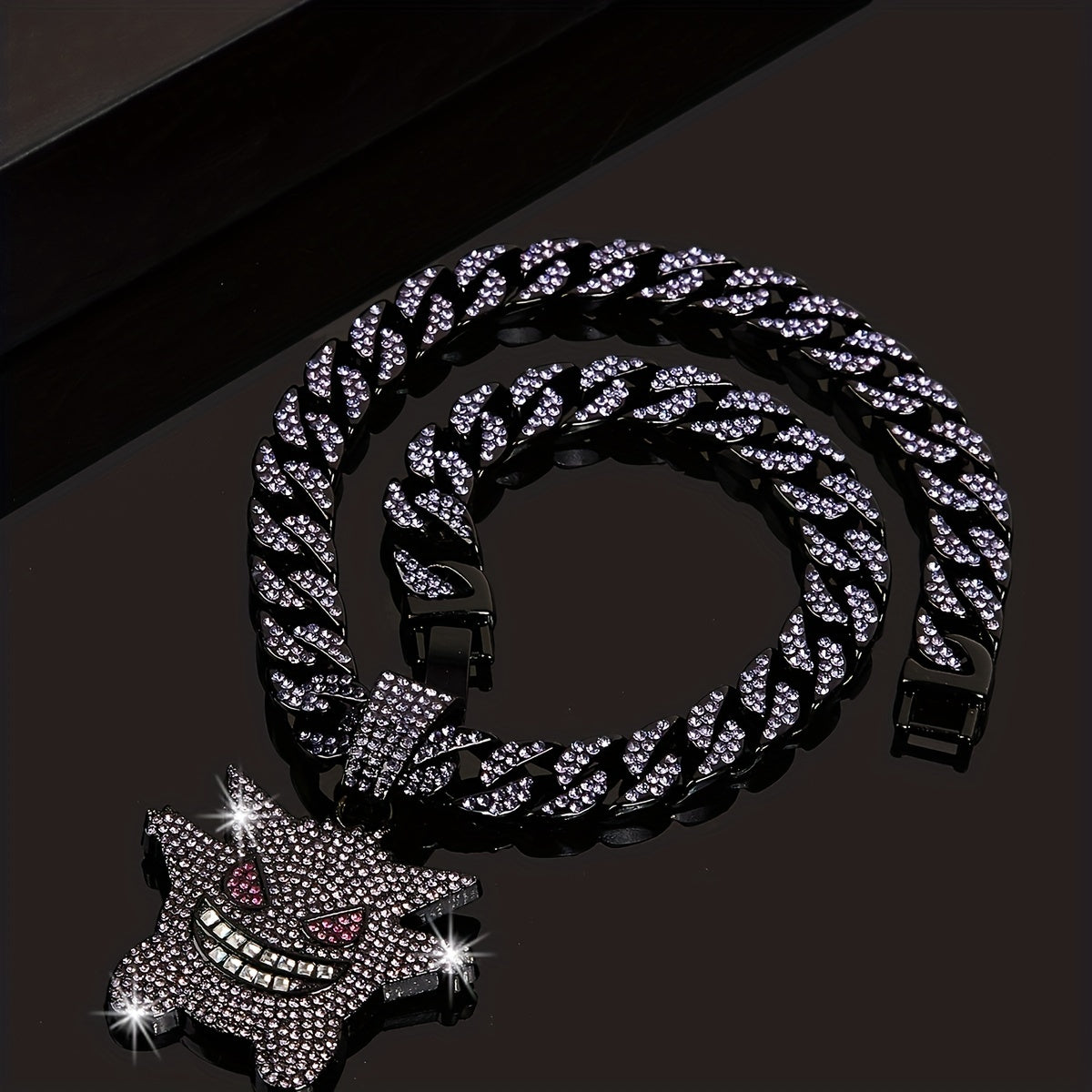 Women's Hip Hop Punk Ghost Pendant Necklace with Rhinestones Glitter Cuban Chain