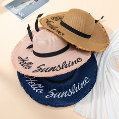 Large Sun Hat Hello Sunshine Embroidery Straw Hats Breathable Travel Beach Cap